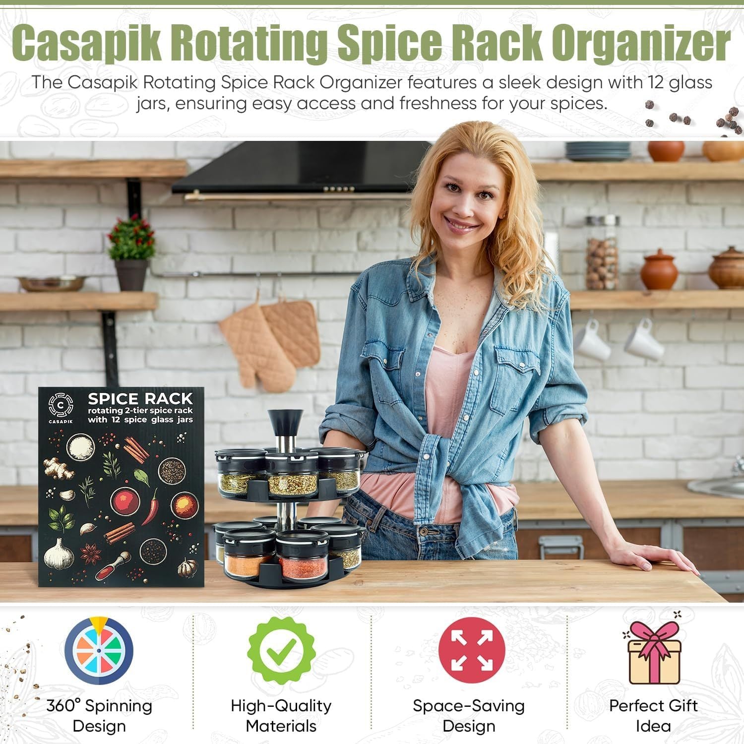 Revolving Spice Rack Organizer – 12 Empty Jars Rotating Countertop Seasoning Tower 🌿🧂