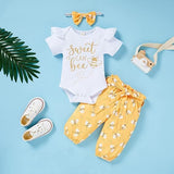 Infant Baby Girl Sweet Bee Outfits – Letter Print Romper, Honey Bee Pants & Bowknot Headband Set