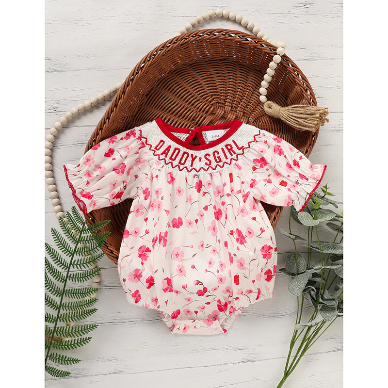 Infant Girls Floral Smocked Romper 🌸 “Daddy’s Girl” Embroidery 💖 Short Sleeve Bodysuit
