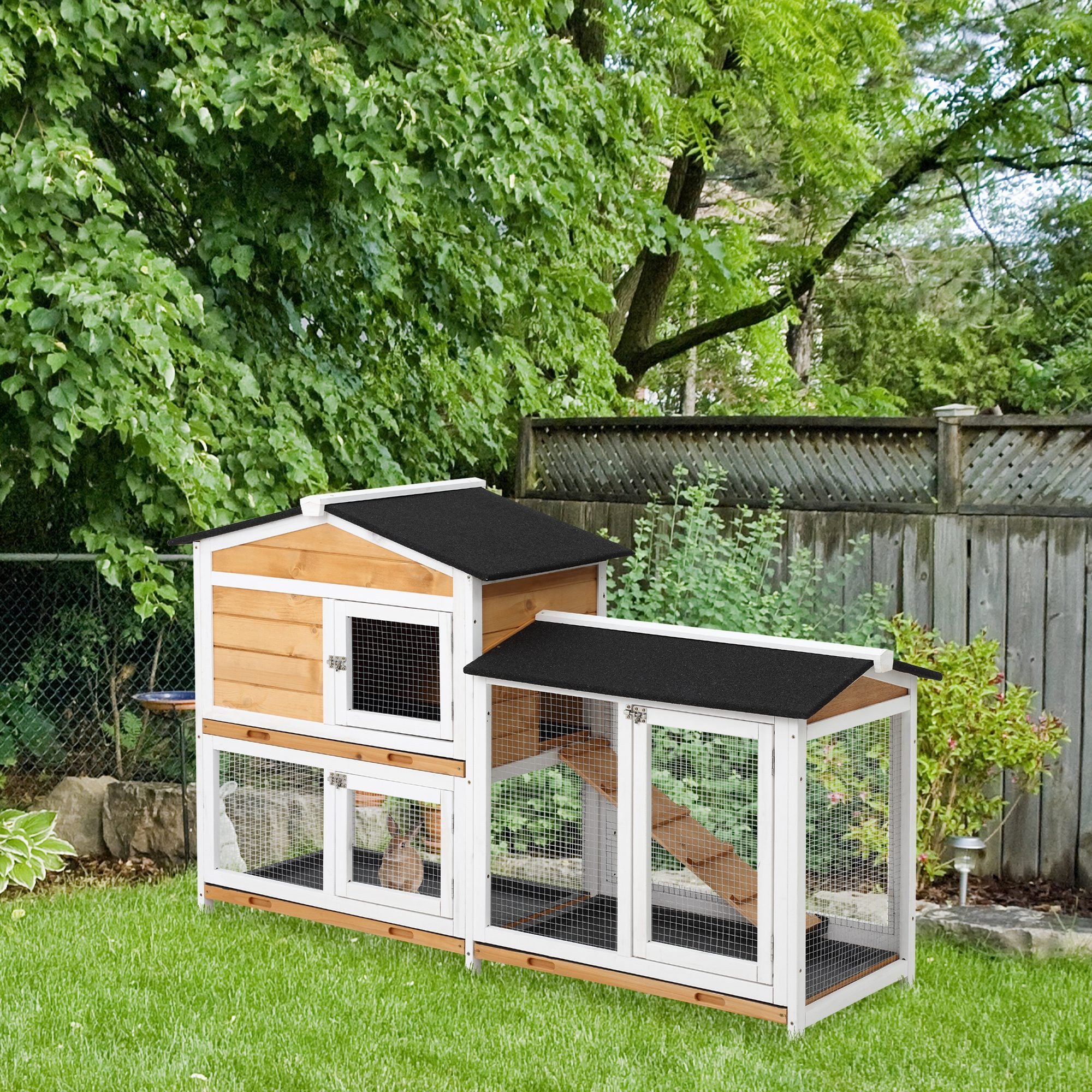 2-Storey Wooden Rabbit Hutch – Small Animal House with Ramp, Enclosed Shelter & Open Run Area