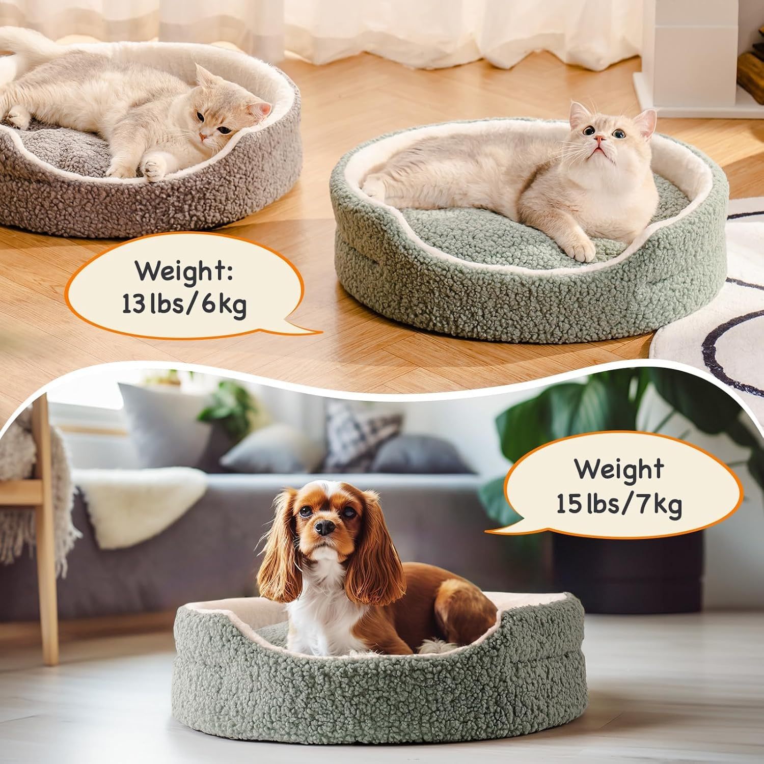 Mewoo Washable Pet Bed – 23"x23"x7" Sage Green Round Orthopedic Plush Bed with Non-Slip Bottom for Cats, Kittens & Small Dogs