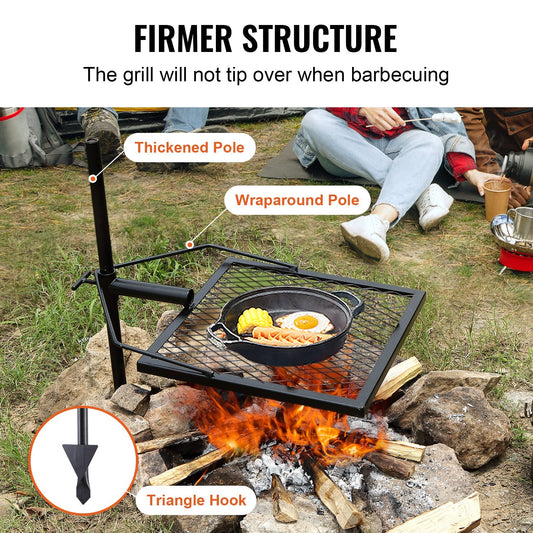 VEVOR Swivel Campfire Grill 🍖 Heavy Duty Steel Fire Pit Grate – 360° Adjustable Outdoor BBQ & Camping Cooking Rack