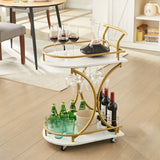 2-Tier Rolling Bar Cart with Wine Rack - Gold Metal & Mirror Serving Trolley