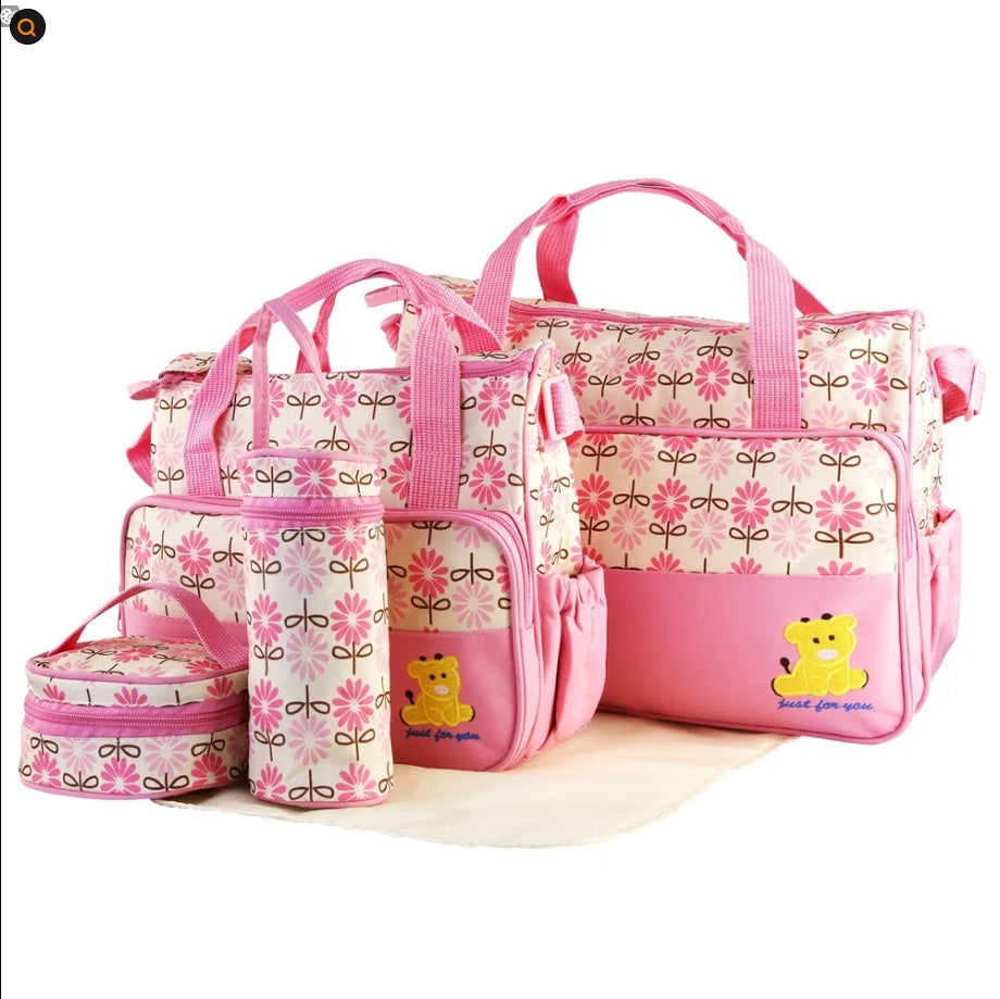 5PCS Baby Diaper Bag Set 👶 Nappy Tote with Changing Pad, Insulated Pockets & Shoulder Bags – Travel & Mummy Organizer