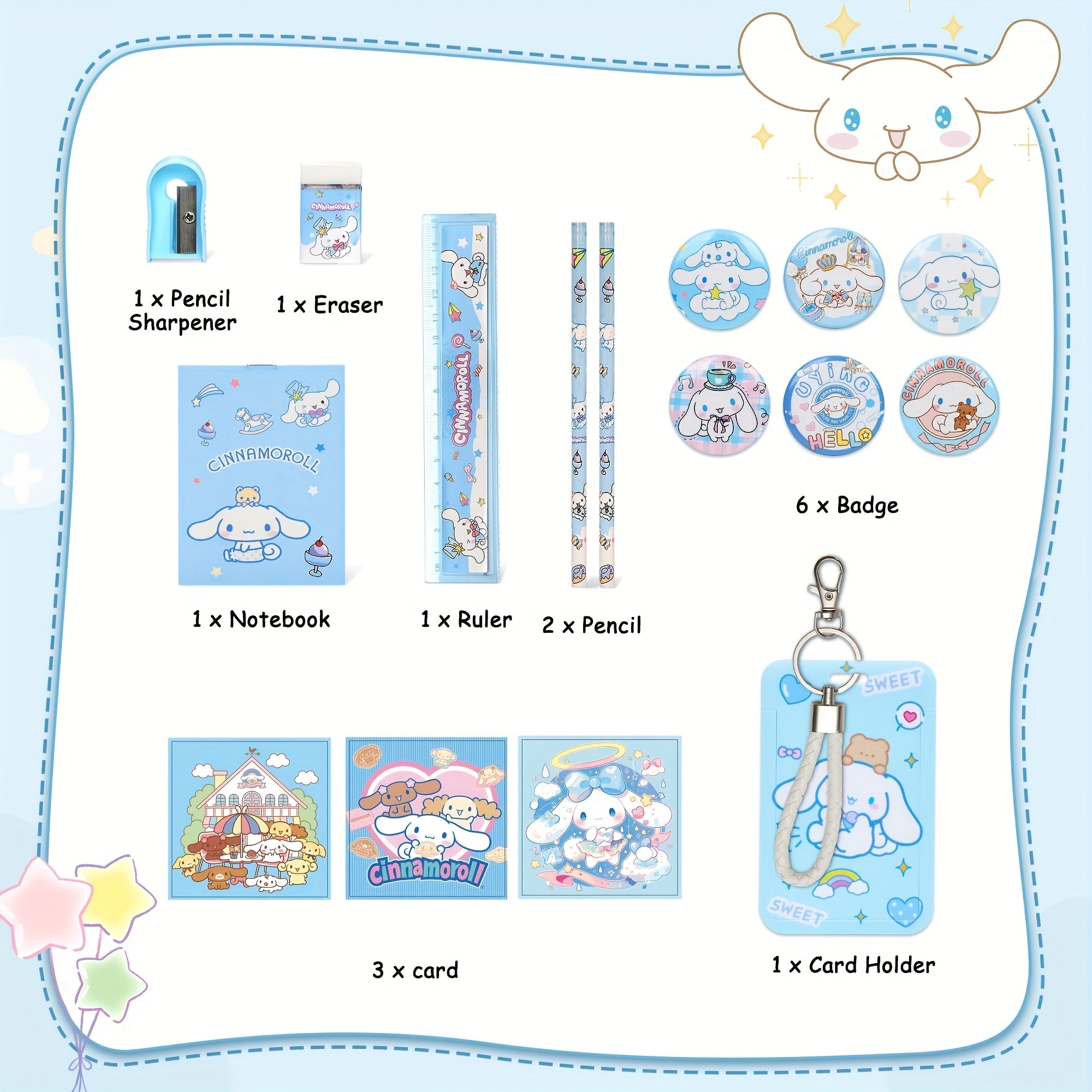 Cinnamoroll Large-Capacity Backpack + Stationery Set – Travel, Laptop & School Bundle with 6 Badges & Card Holder