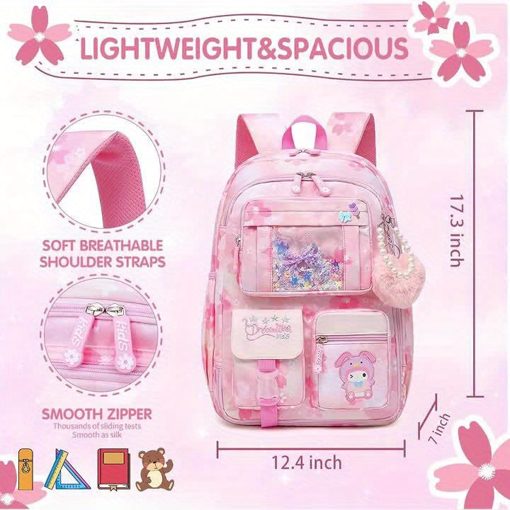 Hello Kitty Student Backpack Set – Pink Large Capacity Backpack, Pendant & 2 Badges + Stationery Set