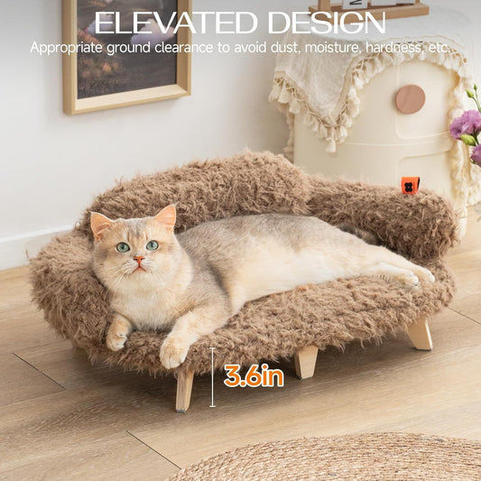 MEWOOFUN Elevated Cat Bed With Washable Cover - 26x18.3x8.5 Inch Wooden Pet Sofa For Cats & Small Medium Dogs, Modern Pet Furniture Brown