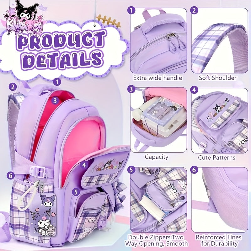 Sanrio Kuromi Purple Backpack Set – Includes 6 Badges, Card Set & Stationery for Teen Students