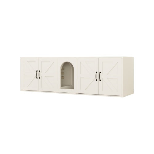 Modern Cat Litter Box Furniture – Double Room Wooden Cat Litter Enclosure with Cat Door, Stylish Indoor Pet Cabinet