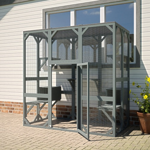 Outdoor Wooden Cat House & Large Cat Cage – Multi-Level Enclosure with Jump Platform, Apartment & Weather-Resistant Roof