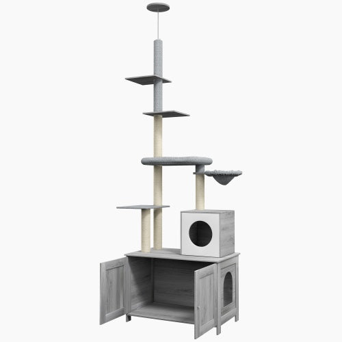 PawHut 2-in-1 Cat Tree with Litter Box Enclosure – Floor-to-Ceiling Cat Tower with Condo, Hammock, Scratching Posts & Platforms (Gray)