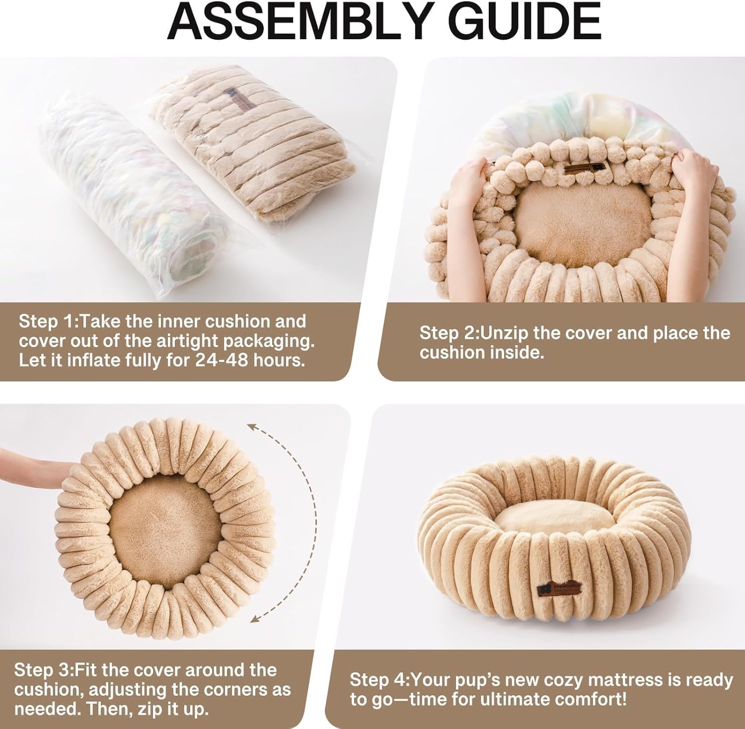 Mewoofun Donut Cat Bed – Light Brown Washable Fluffy Round Calming Pet Bed with Non-Slip Bottom for Cats & Small Dogs
