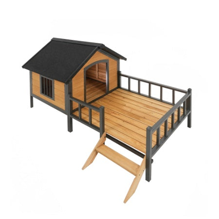 Outdoor Large Wooden Cabin-Style Dog Kennel with Porch – Spacious Walk-In Shelter (Grey)