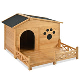 48" Wooden Dog House with Porch – Outdoor/Indoor Kennel with Water-Resistant Asphalt Roof, Fencing & Paw Print Design