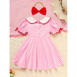 Sweet Baby Toddler Girls Short Sleeve Letter & Heart Print Doll Collar Dress with Matching Headband