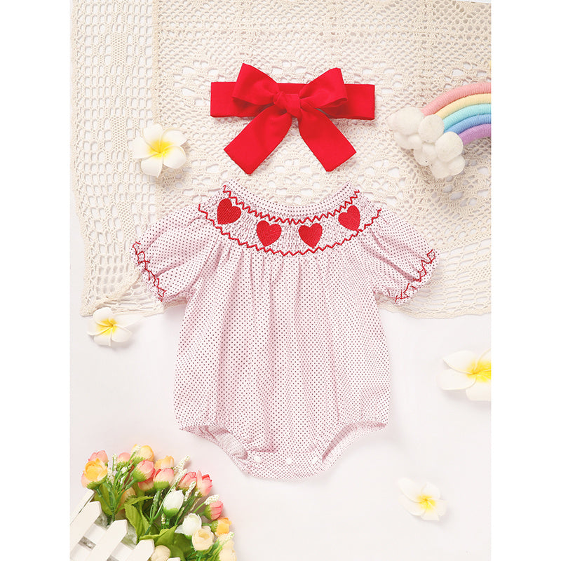 Newborn Baby Girls Valentine’s Day Smocked Romper – Short Sleeve Heart Embroidery Jumpsuit ❤️👶