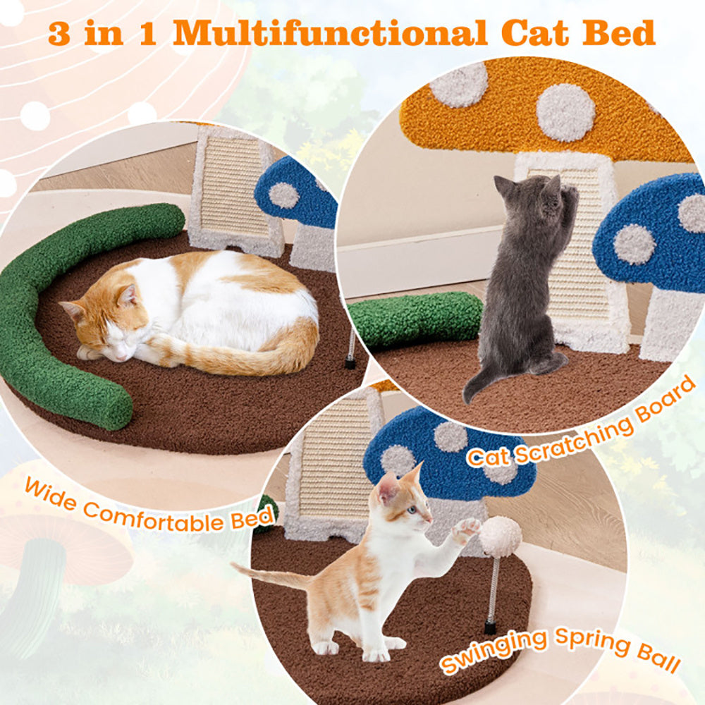 Mushroom Cat Bed with Wide Platform and Sisal Scratch Panel