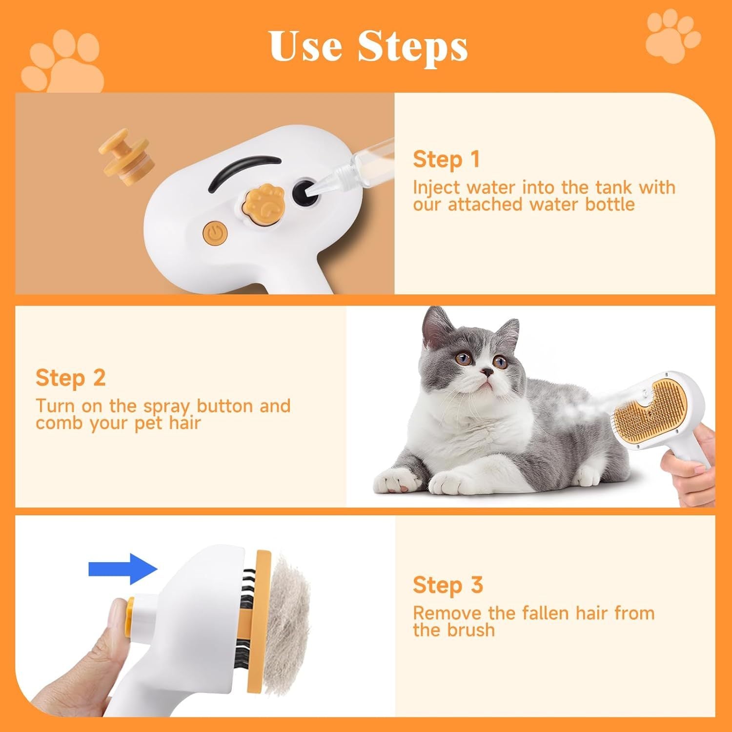 Universal 3-in-1 Pet Steam Brush – Spray Hair Removal Comb with Waterless Shampoo & Ear Cleaning Towel for Dogs & Cats