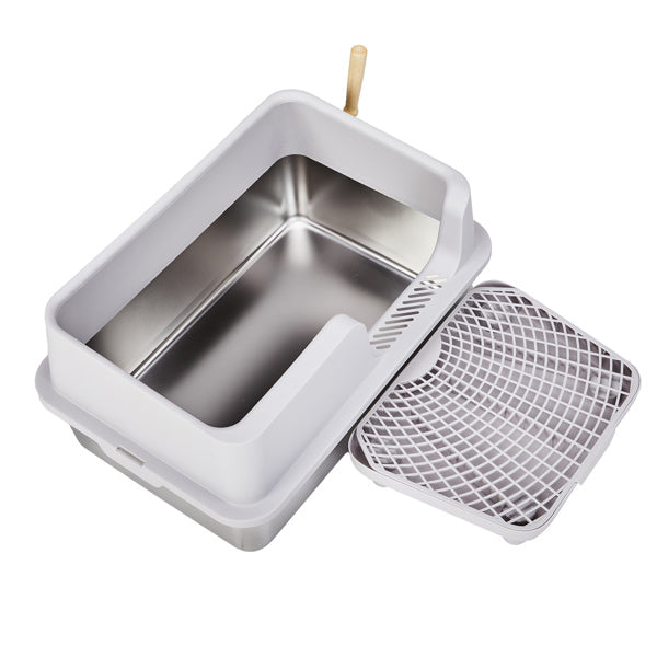 Extra-Large Stainless Steel & Plastic Litter Box with Snap-On Enclosure, Spatula & Foot Pad – Grey (61 × 40 × 33 cm)