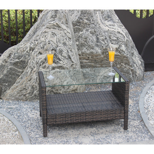 All-Weather Wicker Patio Coffee Table with Glass Top - Outdoor Rattan Center Table