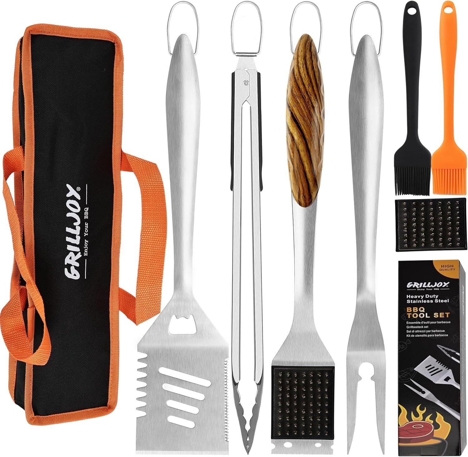 Grilljoy 8-Piece BBQ Grill Tool Set - Heavy-Duty Stainless Steel Barbecue Accessories with Spatula, Tongs, Fork & Storage Bag