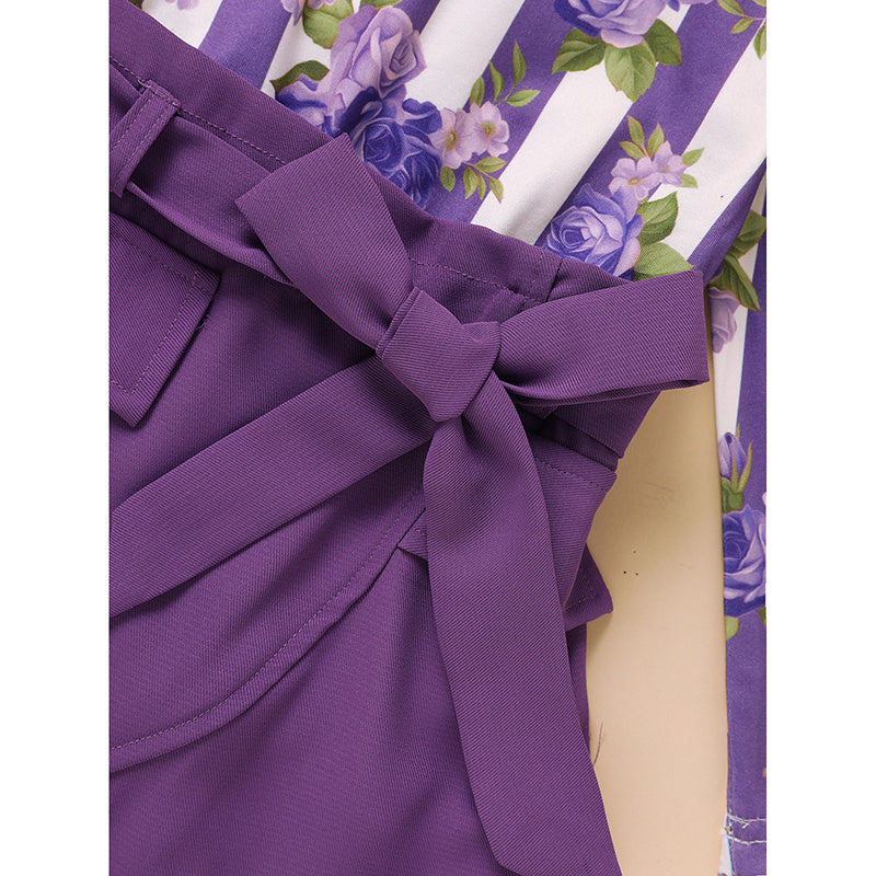 Toddler Girl Purple Rose Print Outfit – Stripe Top with Belted Skirt Set, Cute Holiday & Going Out Clothes for Spring and Fall