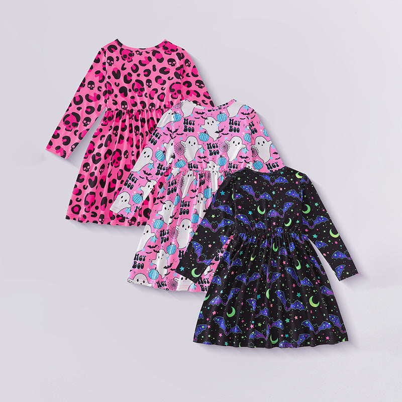 3pcs Toddler Girls Halloween Dress Set – Long Sleeve A-Line Outfit with Skull, Ghost & Bats Print, Spooky Party Costume for Kids