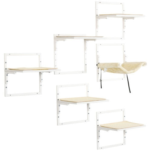 PawHut 6-Piece Modern Cat Wall Shelves – Height Adjustable Jumping Platforms & Climbing Furniture for Indoor Cats