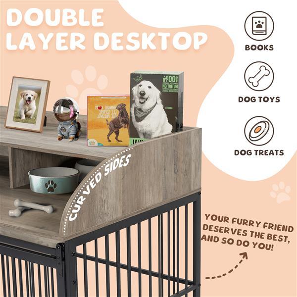 Heavy Duty Large Dog Cage Furniture – Indoor Wooden Kennel Crate with Double Doors & Metal Frame