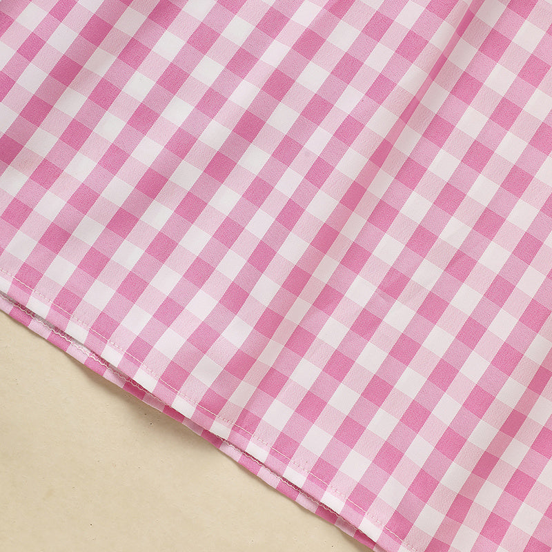 Baby Girl Valentine’s Day Dress – Pink Plaid Outfit with Heart Embroidery & Ruffle Sleeves