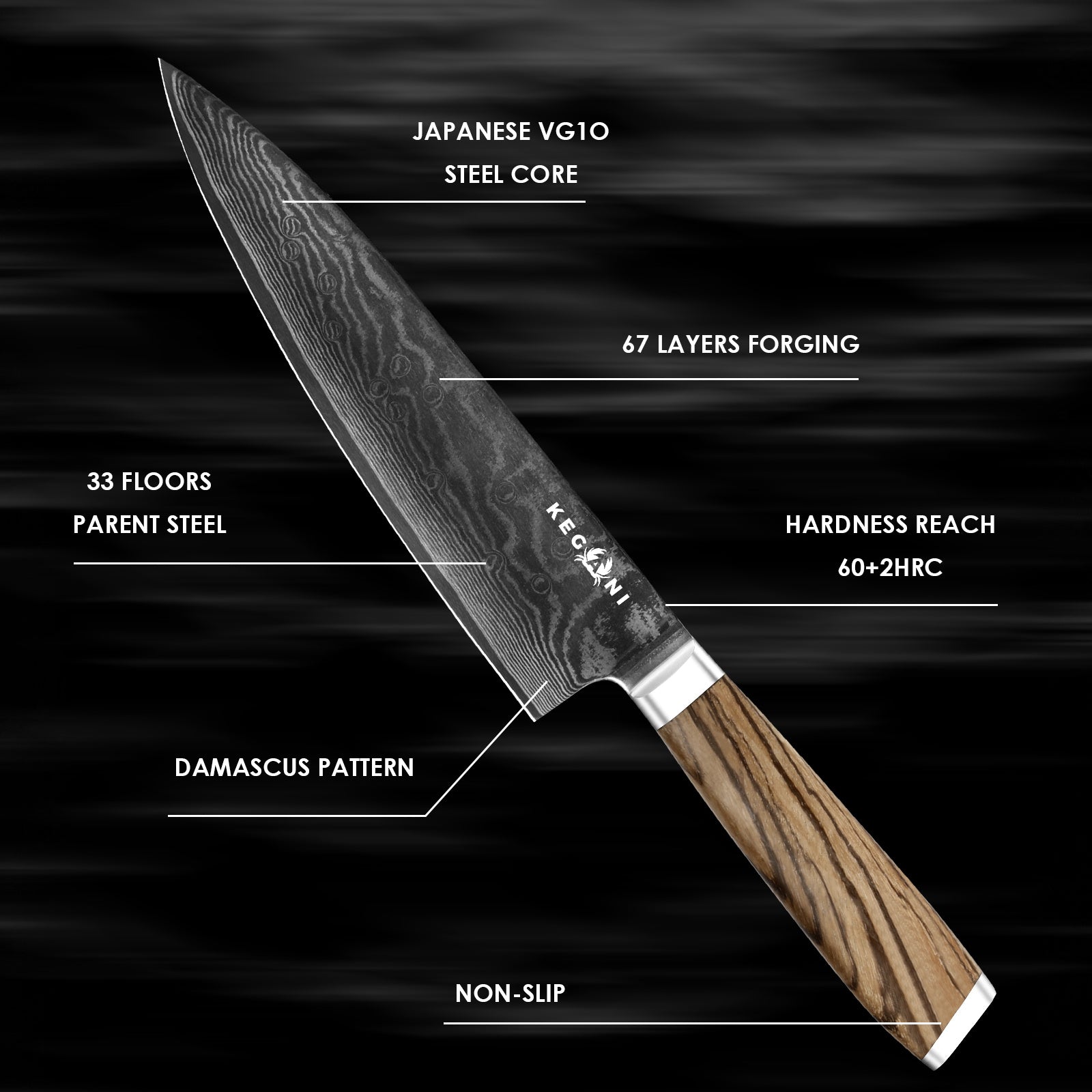 Kegani 8‑Inch Japanese VG‑10 Damascus Chef Knife – 67‑Layer Ultra‑Sharp Blade with Ergonomic Full‑Tang Handle