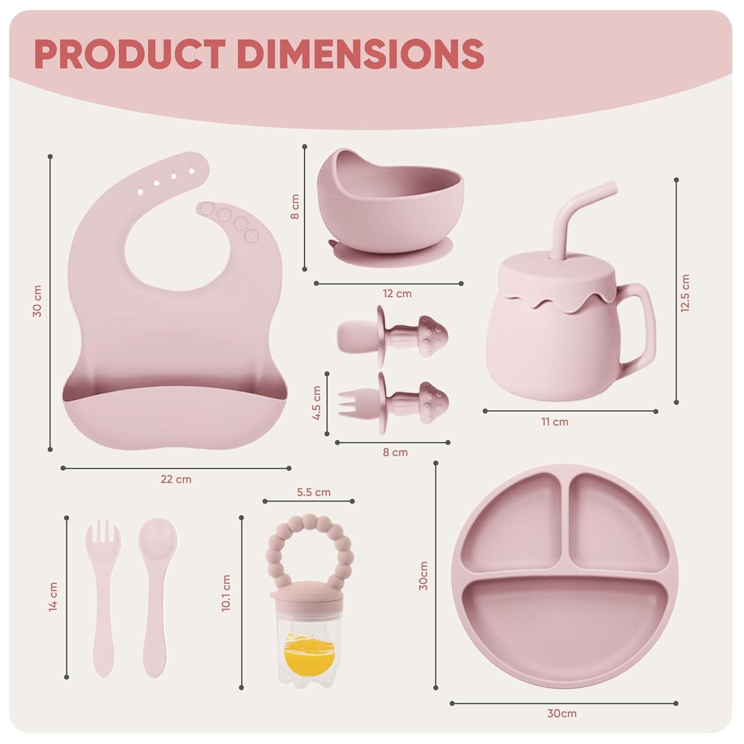 Silicone Baby Feeding Set 10 PCS – Suction Bowl, Divided Plate, Bib, Spoon & Fork, Snack Cup (Sakura Pink)