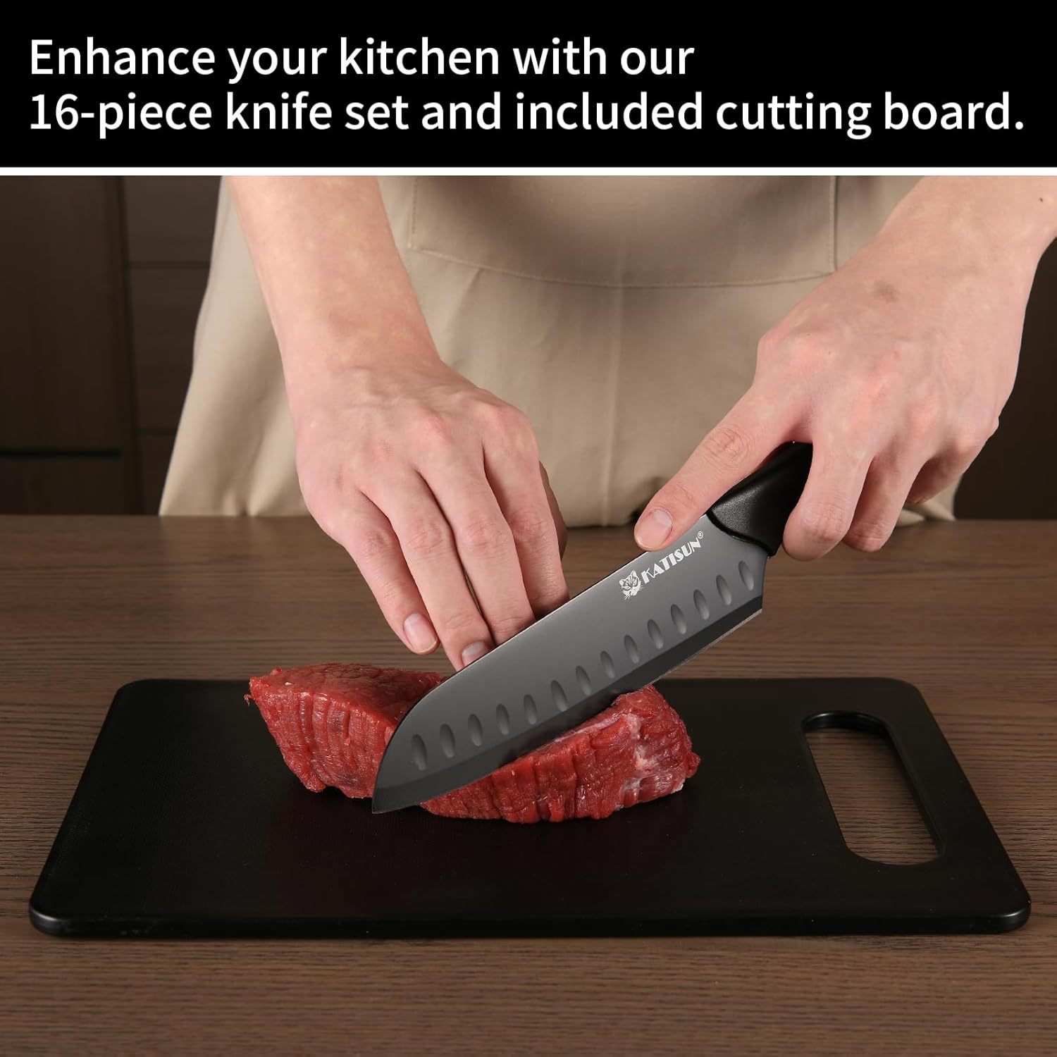 German Stainless Steel 16-Piece Knife Set 🔪 with Cutting Board, Built-in Sharpener & Non-Slip Handles