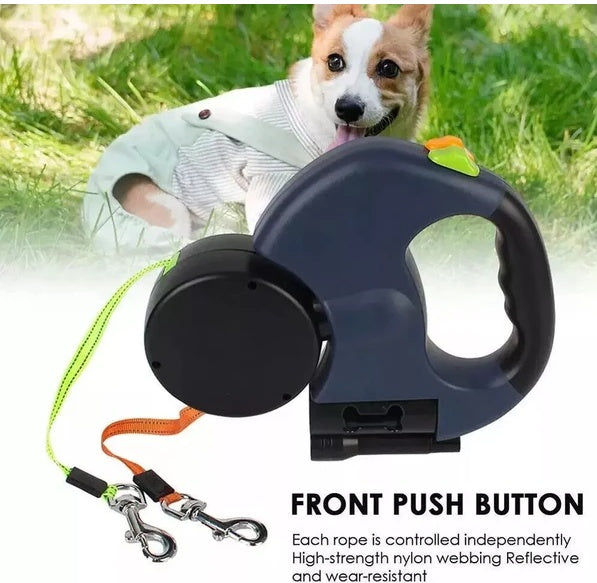 Dual Pet Leash – Retractable Reflective Double Dog Walking Leash with 360° Swivel for Safe & Tangle-Free Walks