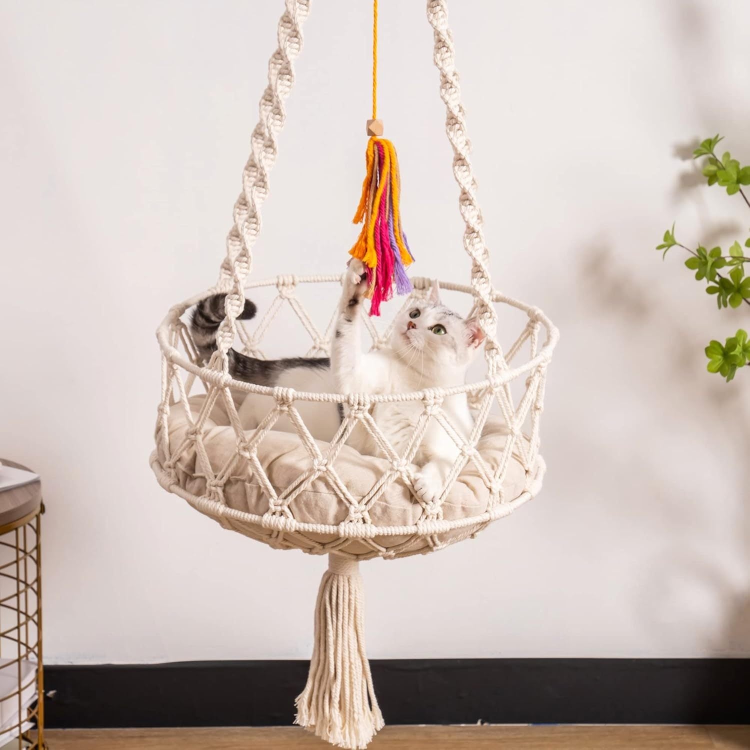 Mewoofun Boho Macrame Cat Swing – Handwoven Hanging Bed with Soft Mat & Toy, Decorative Hammock for Indoor Cats