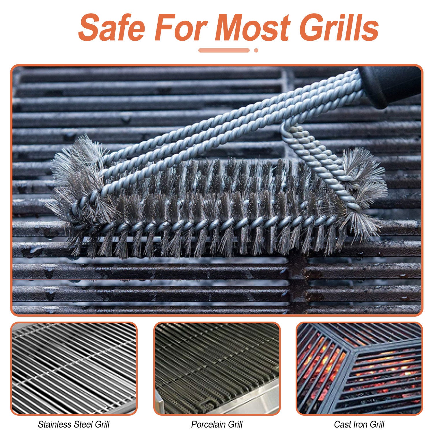 BBQ Grill Cleaning Brush – 18" Stainless Steel Bristles with Durable Scraper & Non-Slip Handle