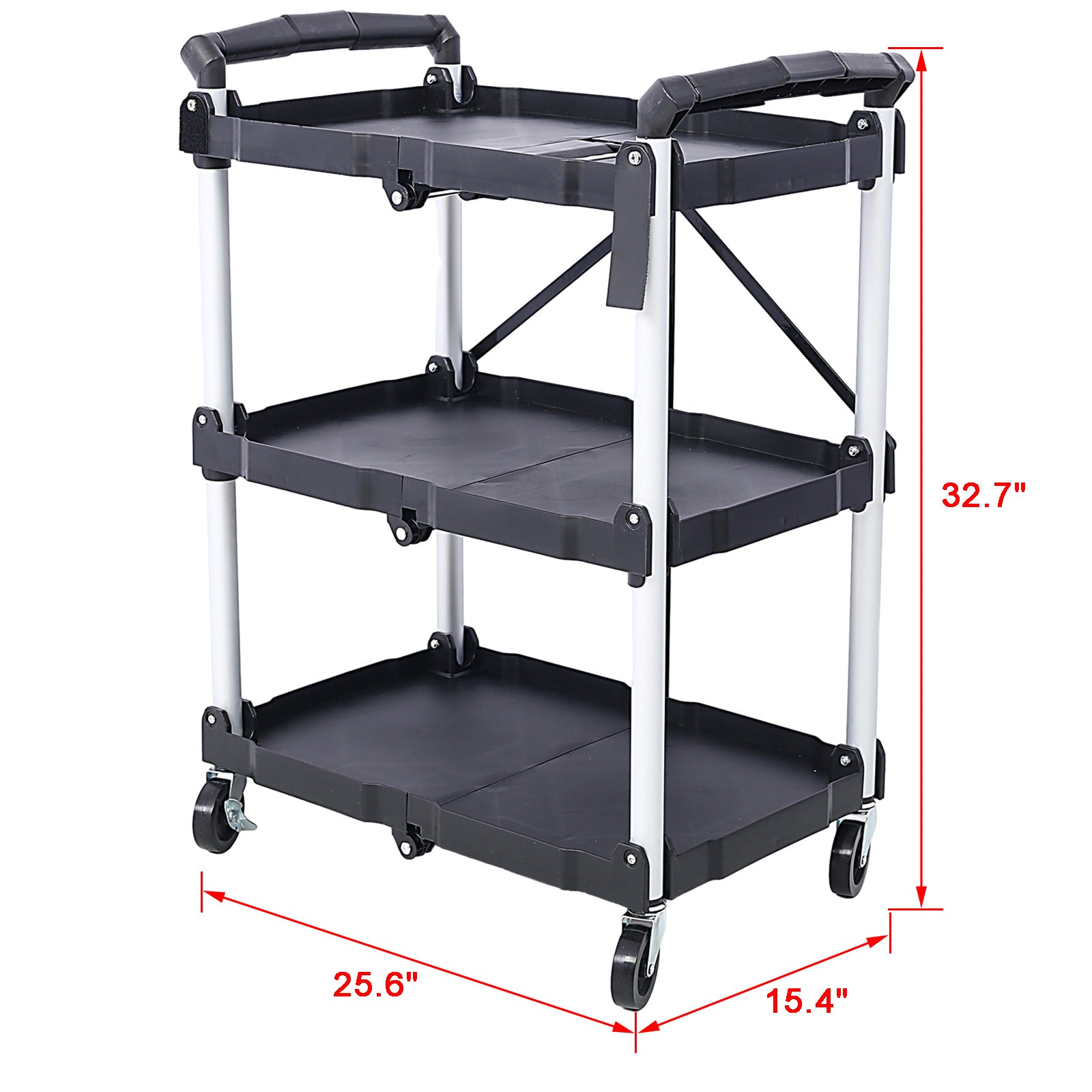 Folding Service Cart – Iron Frame & Plastic Shelves, Collapsible Utility Cart with Wheels