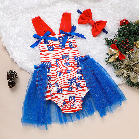 Baby’s Independence Day Flag Romper 🇺🇸 Sleeveless Triangle Bodysuit w/ Bowknot 🎀