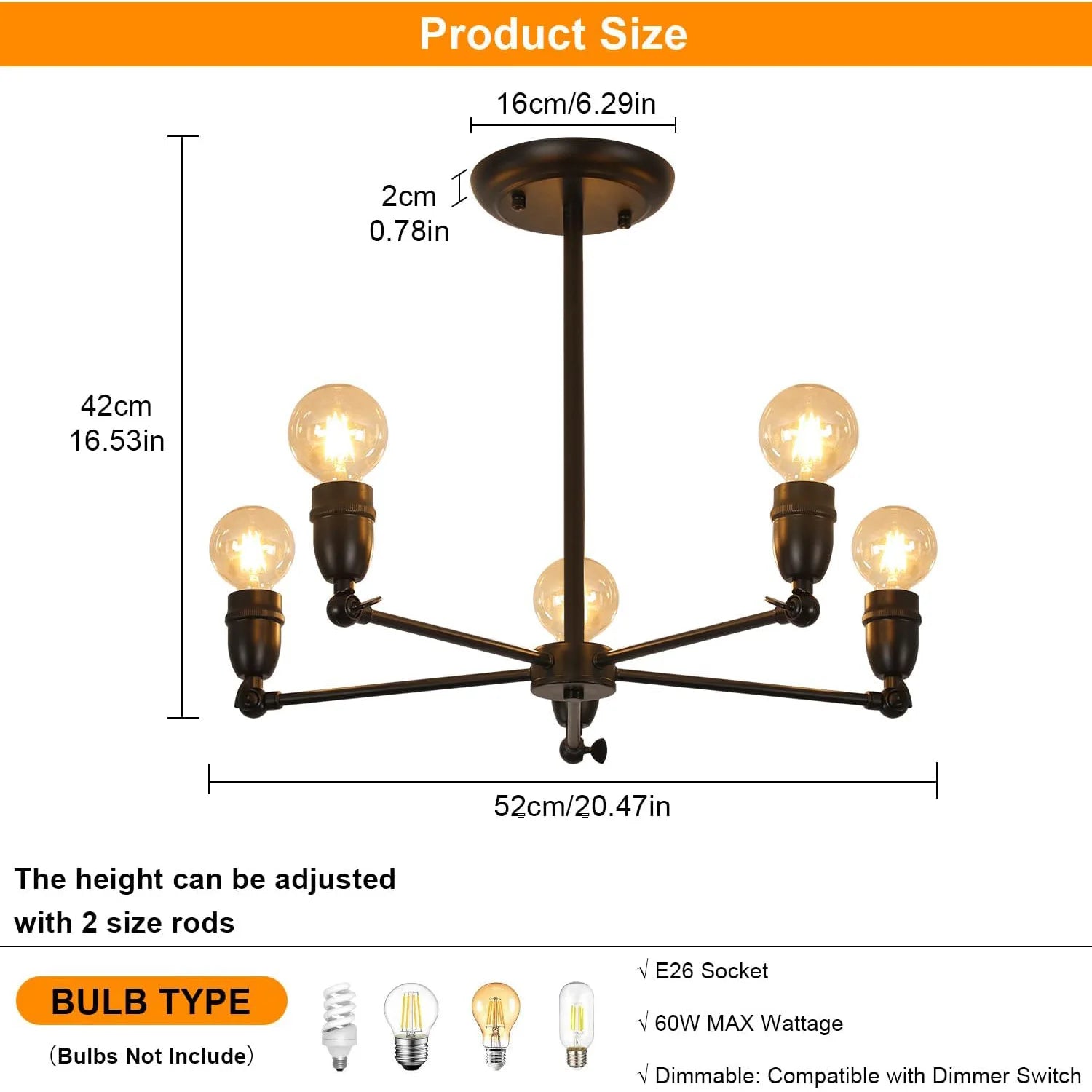 Modern Black 5-Light Industrial Chandelier with Adjustable Height – Farmhouse Sputnik Ceiling Lamp for Dining & Living Rooms