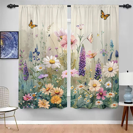 2-Panel Pastoral Floral Curtains – 3D Butterfly & Wildflower Pattern Drapes for Living Room, Bedroom & Balcony