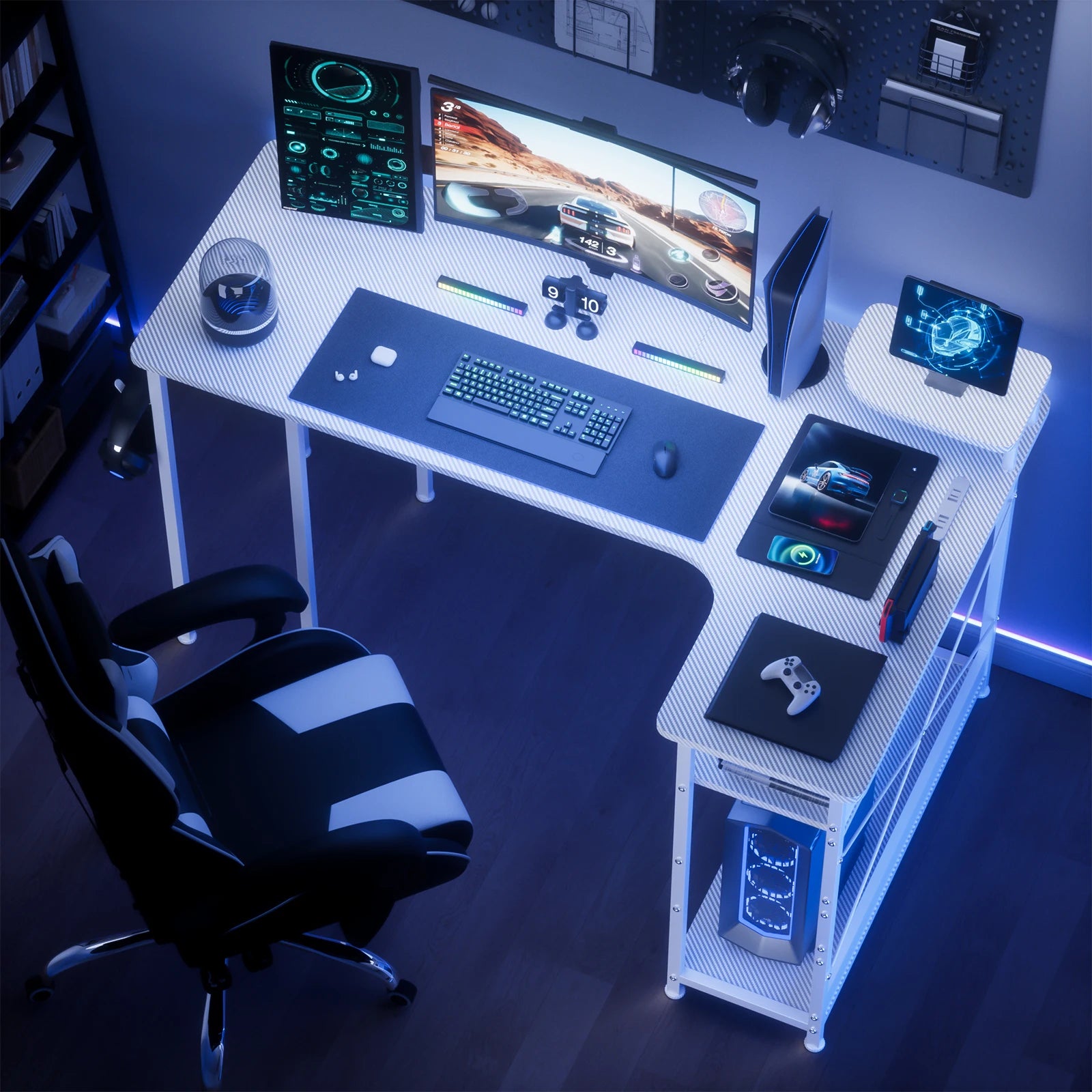L-Shaped Gaming Desk with Drawers – Carbon Fiber Computer Desk with Monitor Arm for Home Office & Gaming Setups