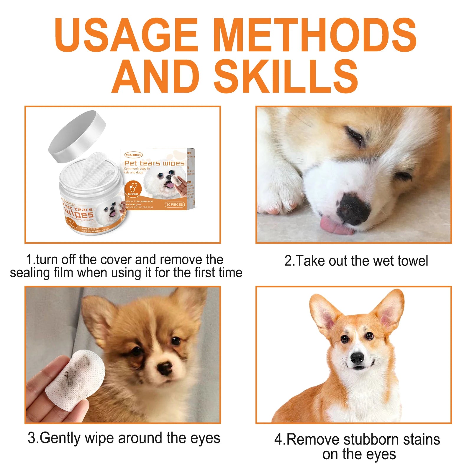 Yegbong Pet Cleaning Wet Wipes – Non-Irritating Cotton Pads for Cats & Dogs, Tear Stain Remover & Eye Cleaning Wipes