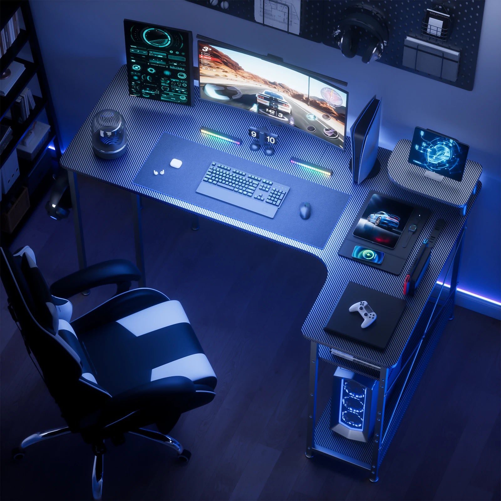 L-Shaped Gaming Desk with Drawers – Carbon Fiber Computer Desk with Monitor Arm for Home Office & Gaming Setups