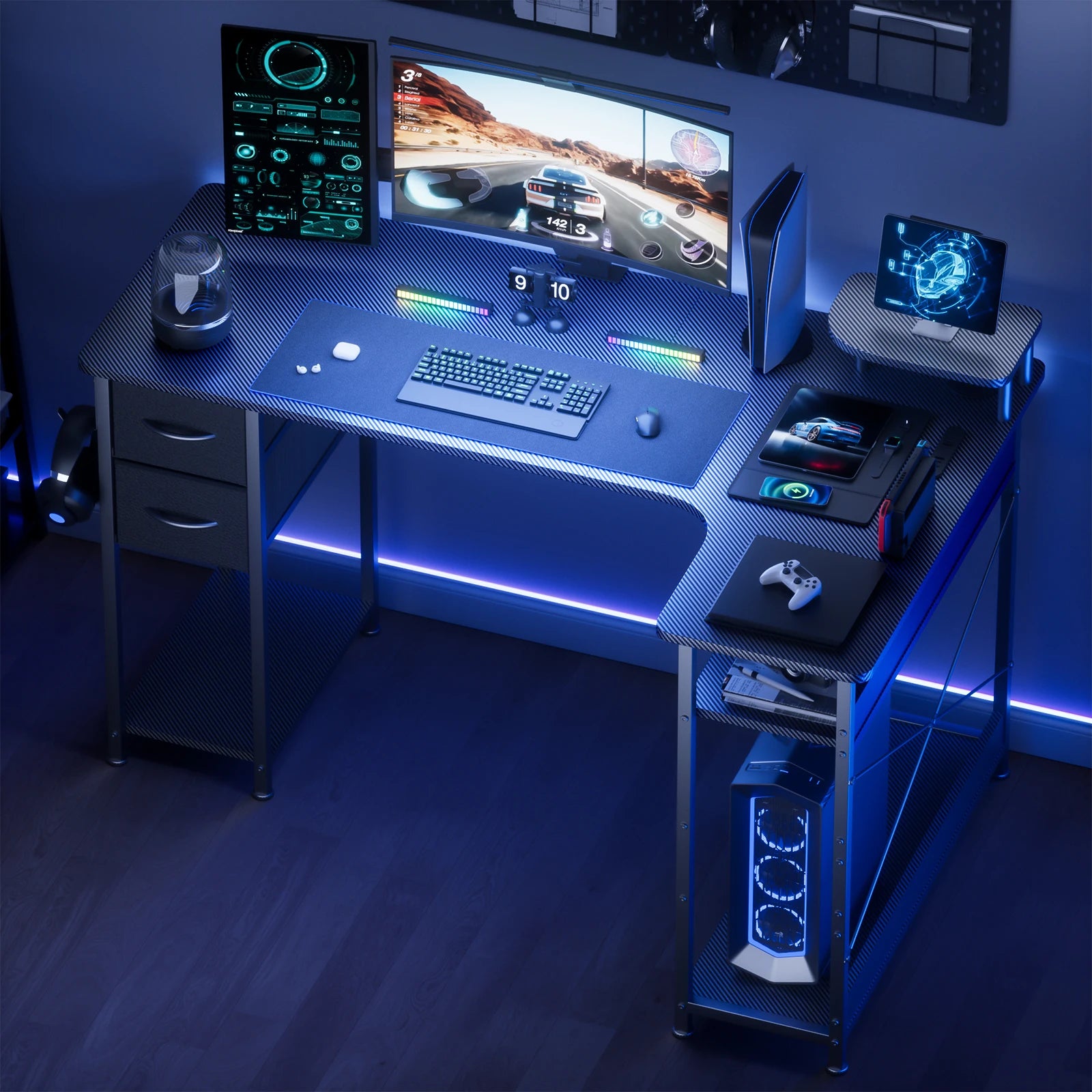 L-Shaped Gaming Desk with Drawers – Carbon Fiber Computer Desk with Monitor Arm for Home Office & Gaming Setups