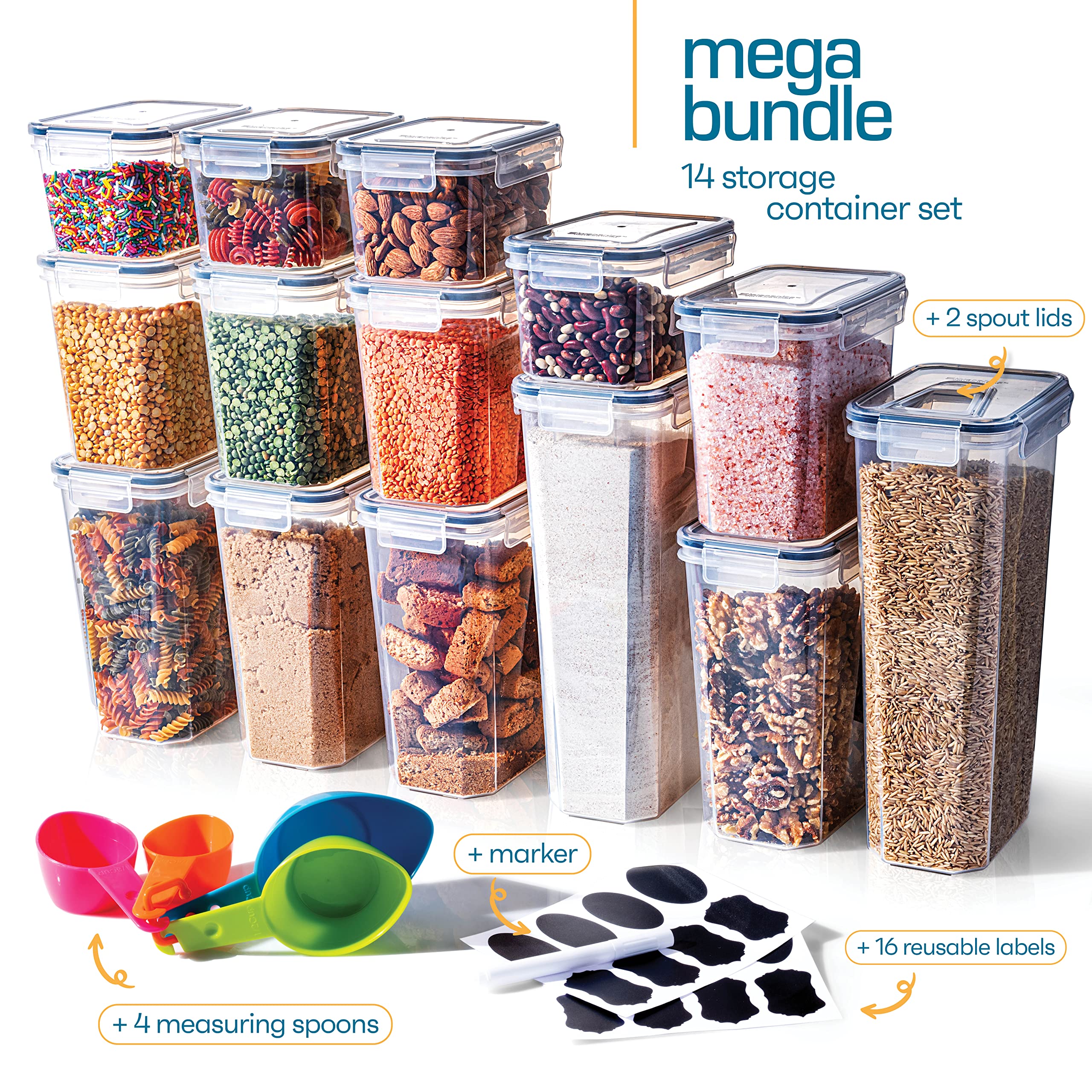 Airtight Pantry Storage Containers Set – 14 Piece Stackable Canisters with Pour Spout Lids, Labels & Scoop
