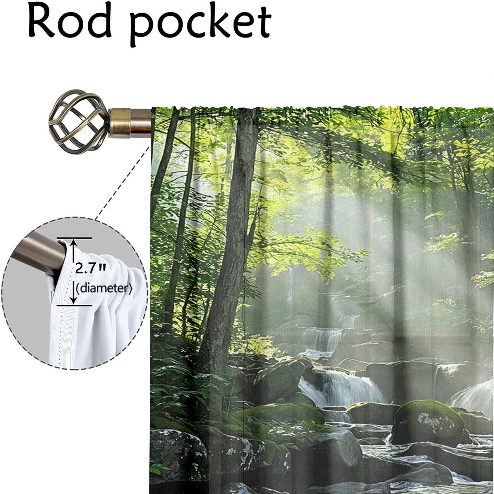 2Pcs Mountain Stream Curtains – 3D Sunlight Forest Pattern, Living Room & Bedroom Nature Decor