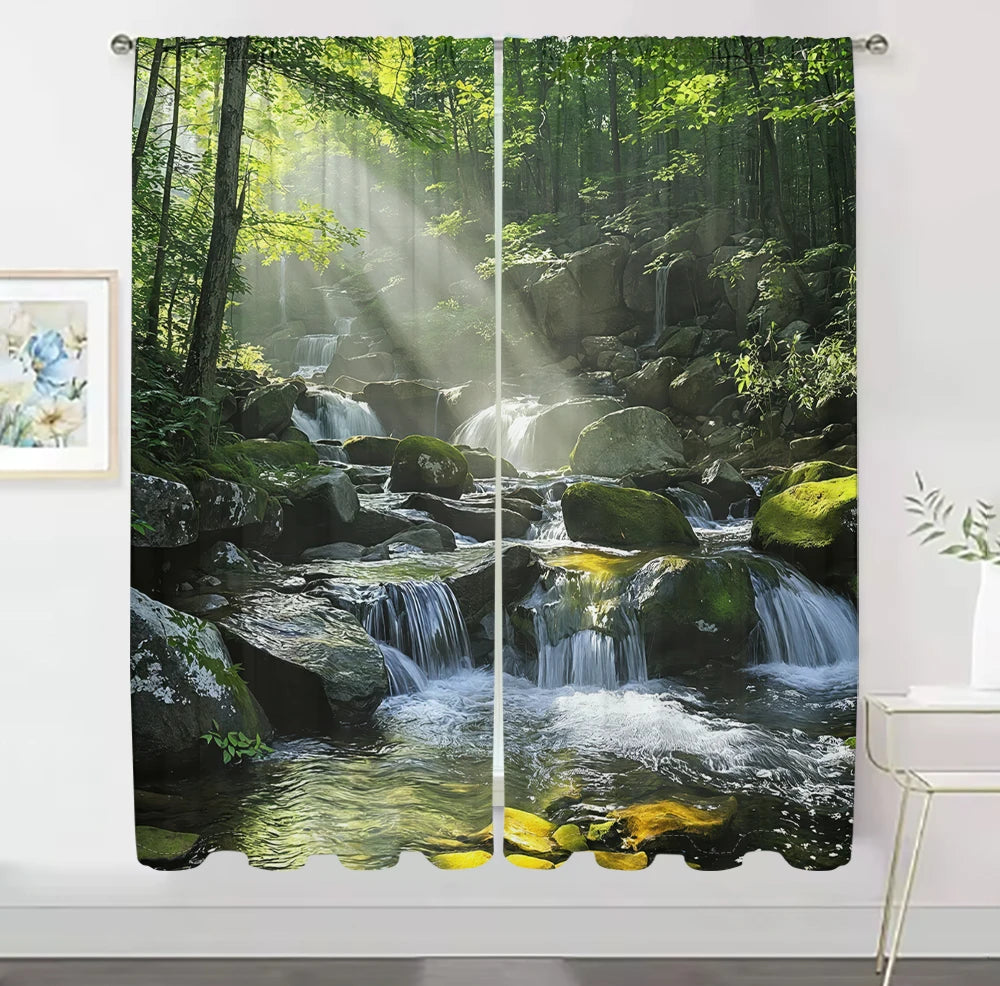 2Pcs Mountain Stream Curtains – 3D Sunlight Forest Pattern, Living Room & Bedroom Nature Decor