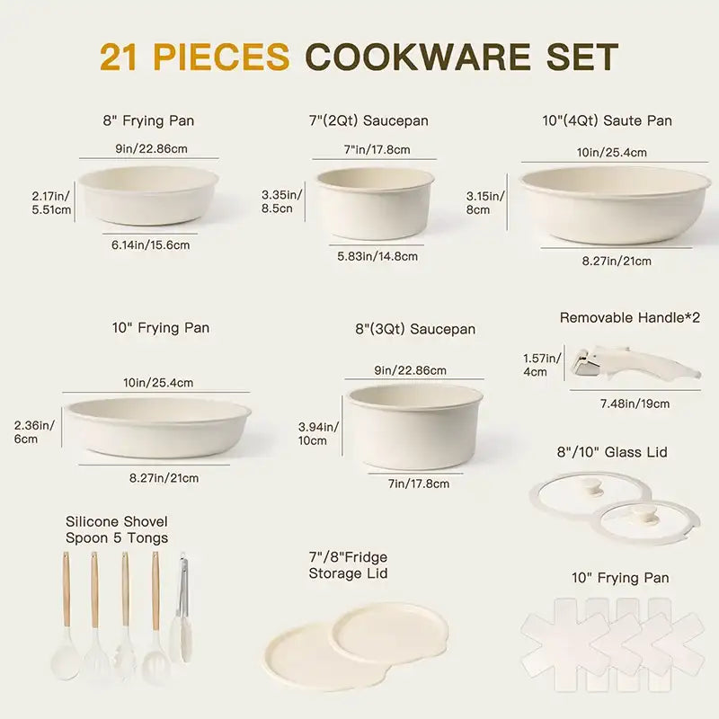 “21-Piece Non-Stick Ceramic Pots & Pans Cookware Set – AsterCook with Sensor Handles, Milky White Kitchen Collection”
