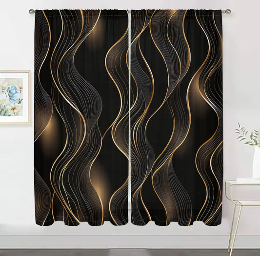 2-Panel Modern Art Curtains – 3D Black & Gold Streamline Pattern Drapes for Living Room, Bedroom & Balcony