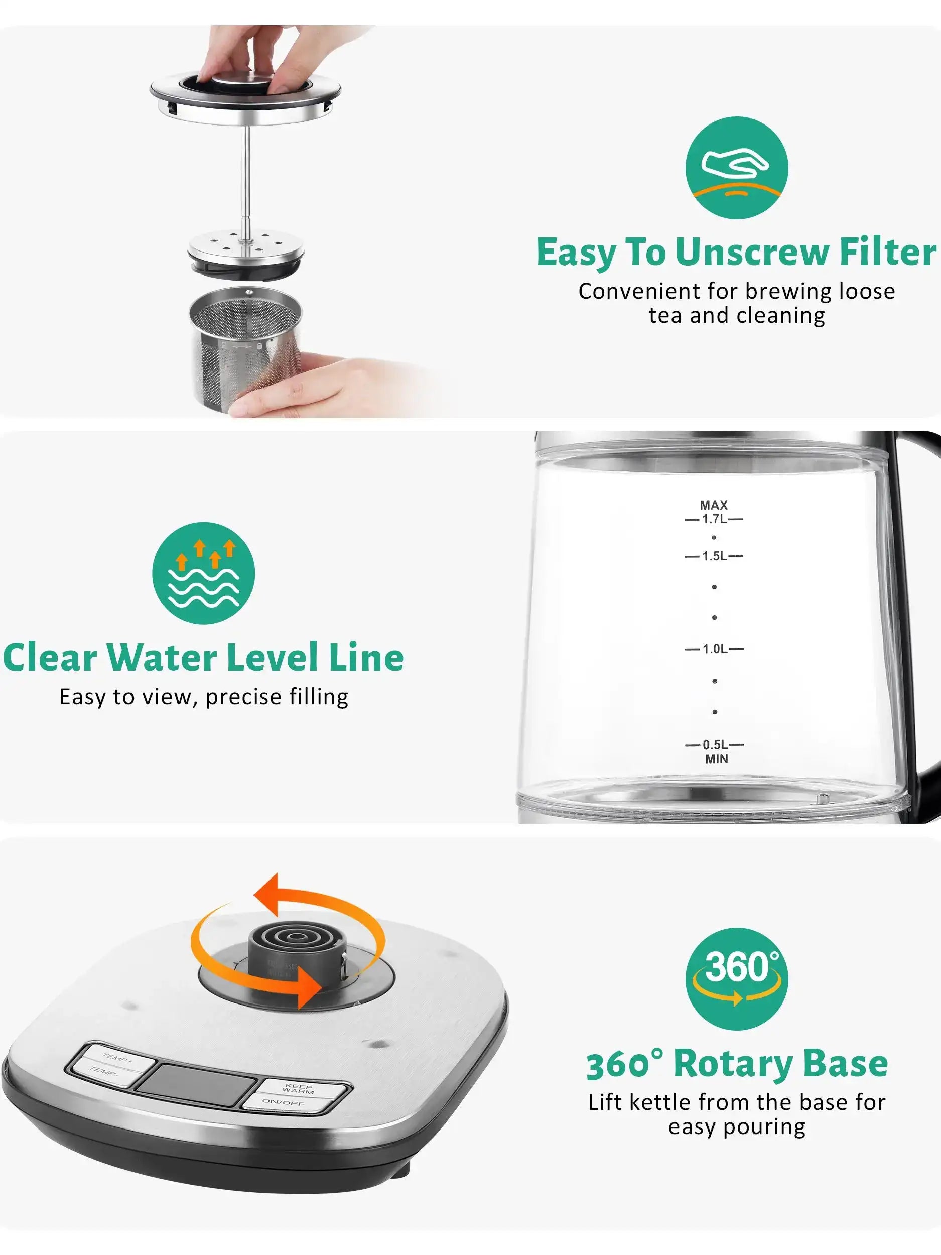 Cachoo 1.7 L Electric Glass Kettle with Temperature Control & Removable Infuser